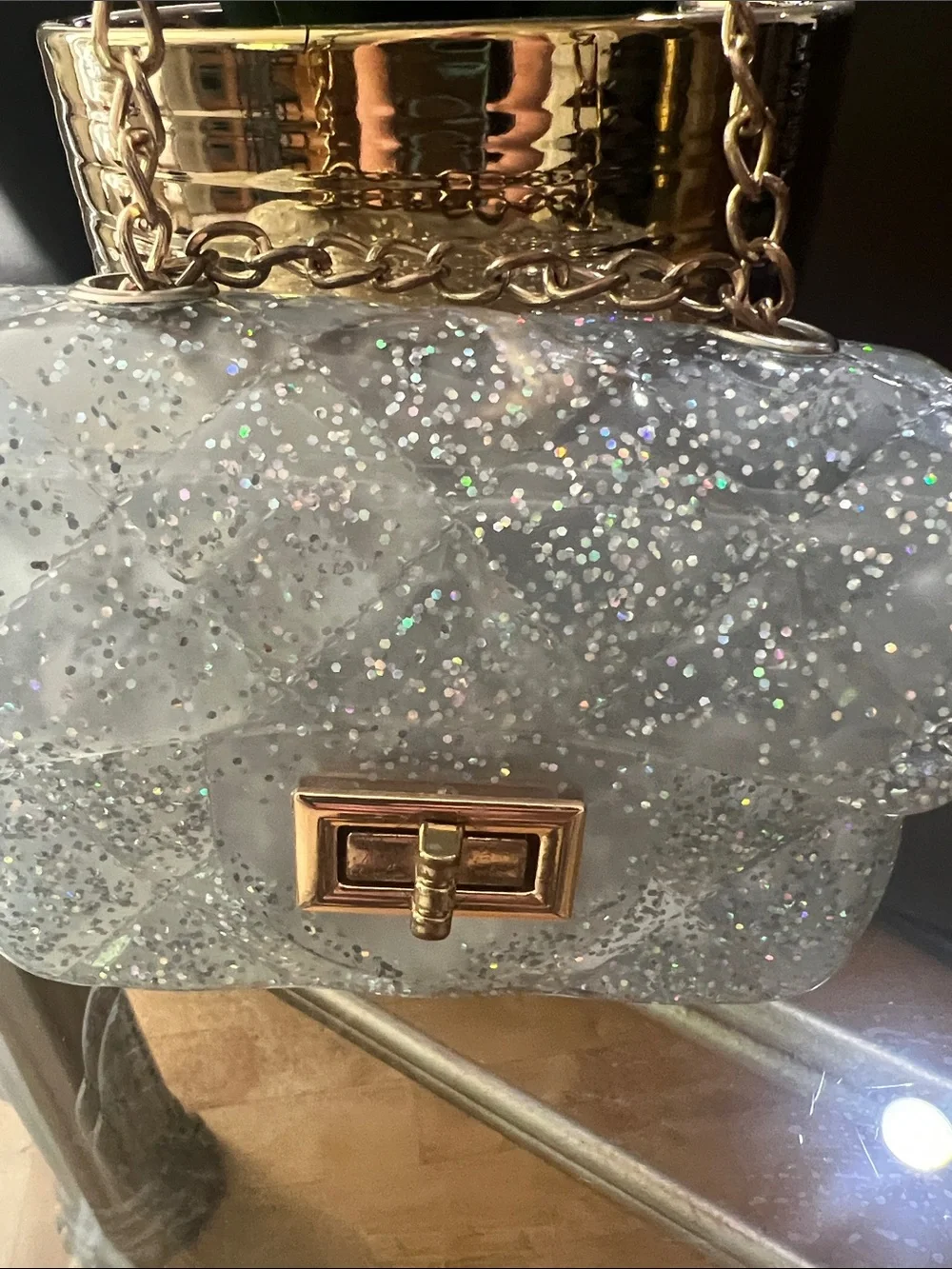 Pearl-Handle Glitter Mini Bag - White